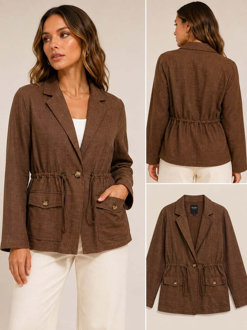 SOHO Apparel Ltd Women's Brown Drawstring Waist Blazer Jacket